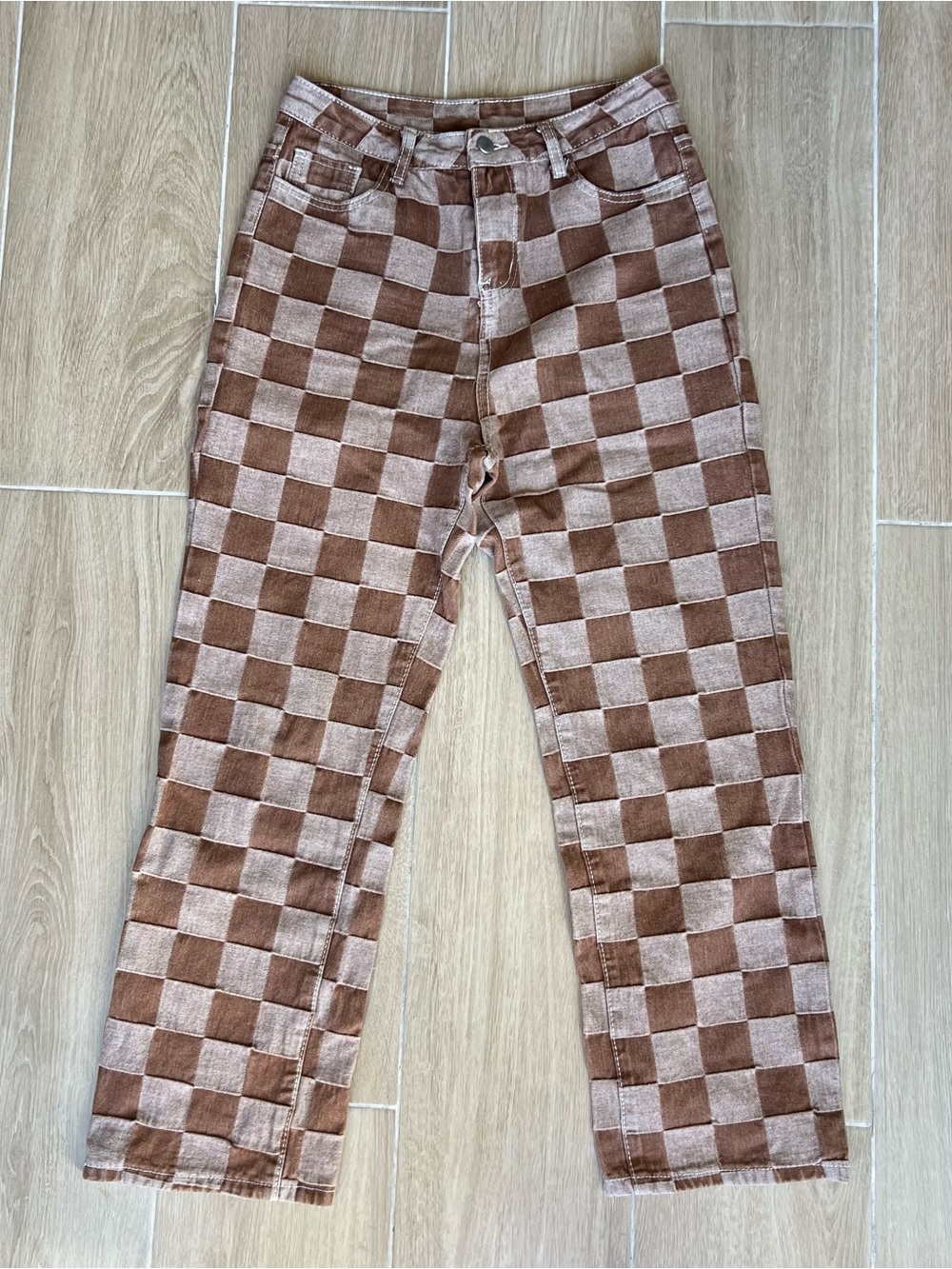 Checker Pattern Jeans in Brown & Cream